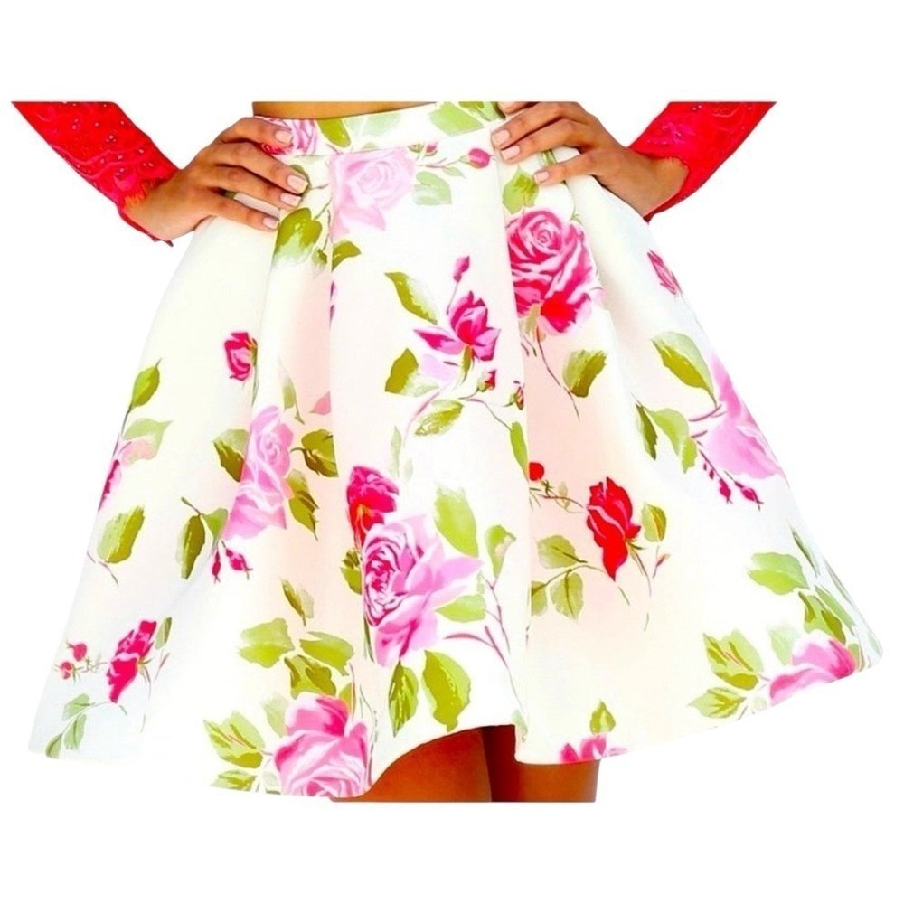 Sherri Hill 50563 Pink Rose Floral Fit Flare Skirt White Designer Size 0 Bridal - Picture 2 of 16